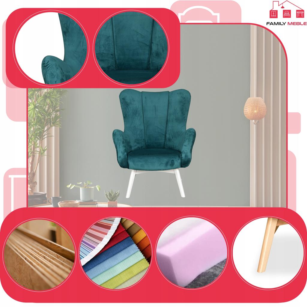 Fotel skandynawski uszak Vika Family meble muszelka profilowany turkus nieb