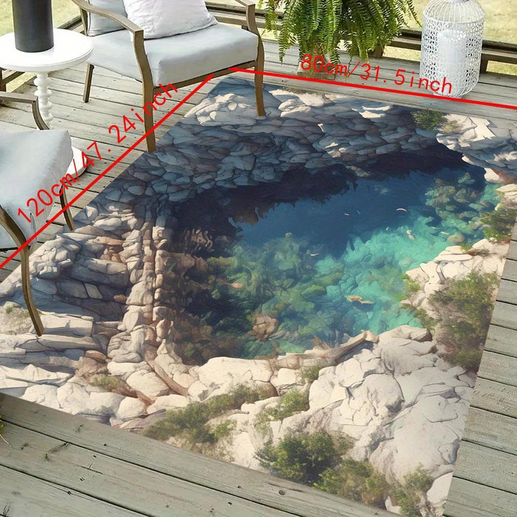Rocky Pool Illusion Rug - 3D Waterfall Effect, Creative Entrance Mat, Unique Home Decor Anti slip carpet can be machine washed