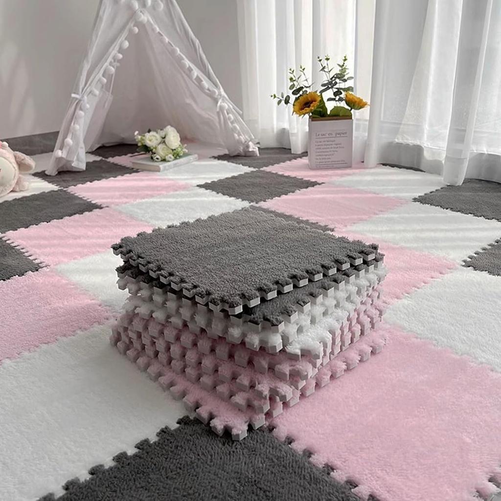 12Pcs Soft Plush Baby Play Mat Puzzle Carpet Interlocking Exercise Tiles Floor Rug for Kid Pad Baby Room Warm Game Mat 30*30*1CM