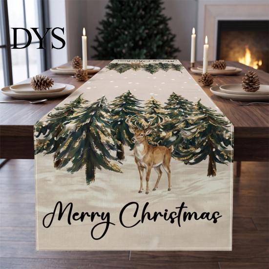 Farmhouse Table Runner Linen Christmas Runner, Winter Reindeer Santa Seasonal Home Decorations Prints, Tabletop Overlay for Holiday Dining Decor