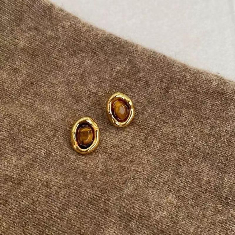 Silver Needle Explosive Tiger's Eye Stone Pendant Earrings Maillard Retro Temperament Versatile Earrings Light Luxury Premium Earrings Women