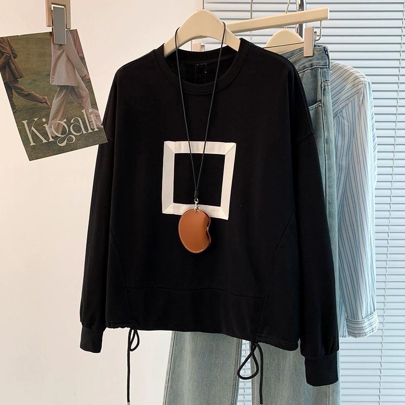 DIMANAF 2025 New T-Shirt Women printing Hoodies & Sweatshirts Loose Casual Basic O-Neck Autumn Tops Black Pullover