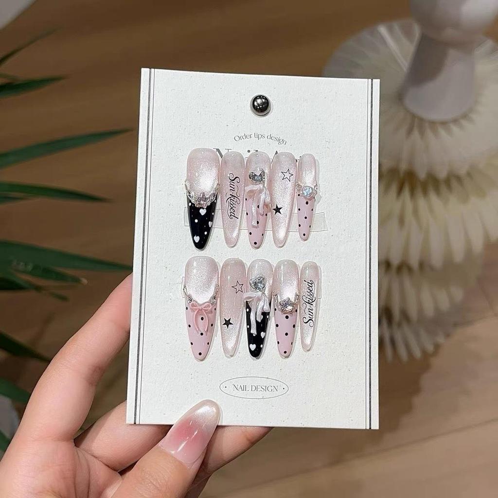 Ultra-Sparkling Zirconia French Cat Eye Black Pink Ballet Press-On Nail Art