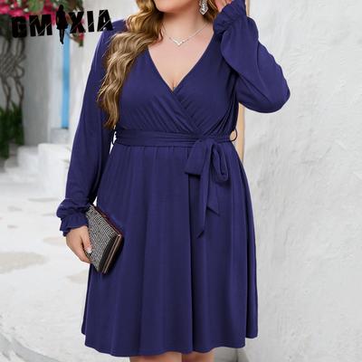 Women's Fashion Summer Spring Solid Color Print Long Sleeve V-Neck High Waist Casual Dresses Plus Size