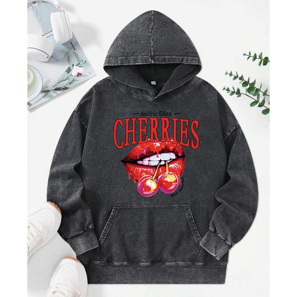 Cherries On The Lips Printing Female Washed Hoodies Fashion Cotton Hoody Creativity Multicolor Top Streetwear