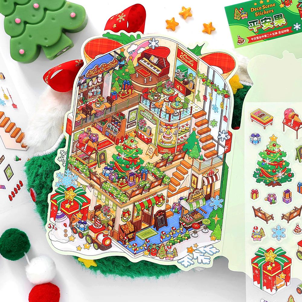 Kawaii 3D Cartoon Christmas House Series Miniature Scene Stickers DIY Handmade Stacked Scrapbook Stickers Holiday Gifts