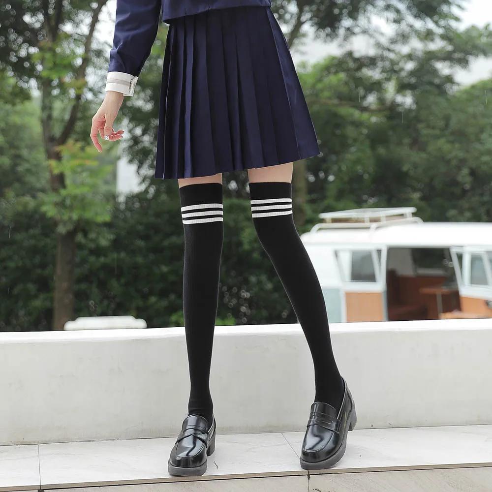 Gothic Lolita Black White Striped Over Knee  Thigh Highs Long Socks Lovely Japanese Girls Cosplay Stockings for Women