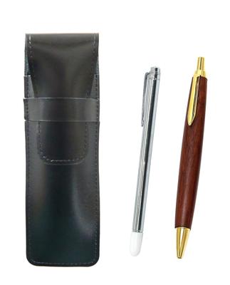 Slim Black Cowhide Leather Pen Case with Metal Pointer and Wooden Retro Ballpoint Pen Set ASB-701S-HS48S