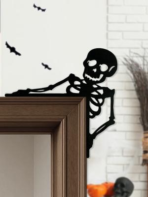 Halloween Door Corner Decor, Gothic Black Skeleton Design Wall Art, Wooden Frame Hanging Ornament for Home Party & Haunted House