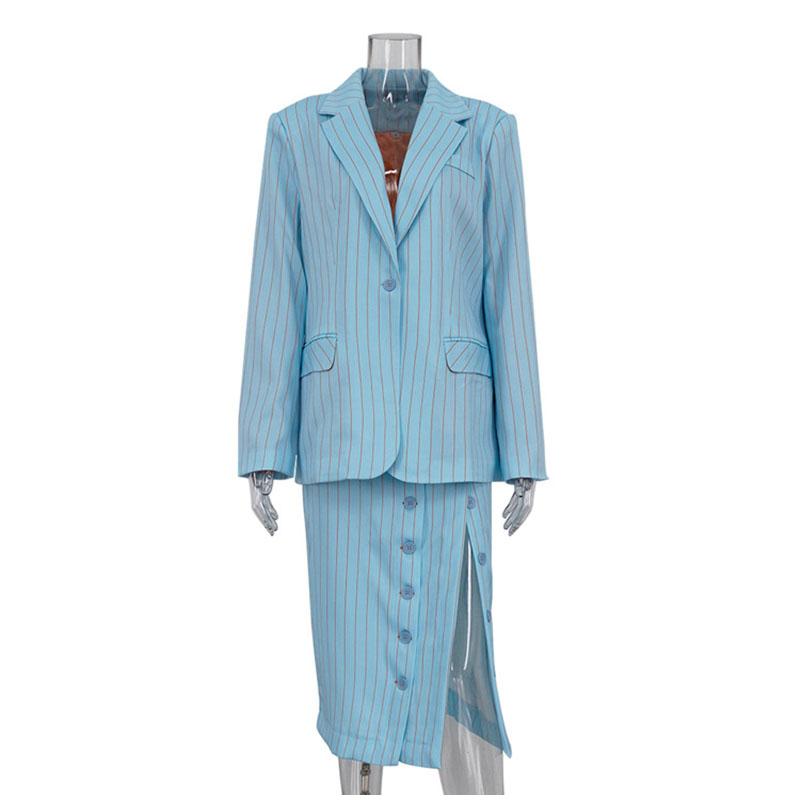 

Городской полосатый пиджак с юбкой костюм Y2k лацканы пуговицы карманы пиджаки с боковыми разрезами юбки 2025 весна осень повседневный женский наряд L синий