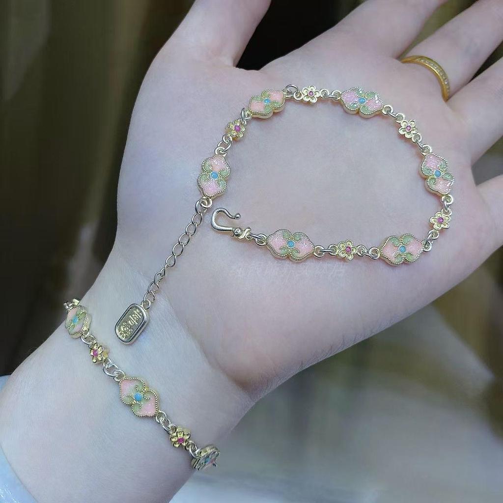 Sterling Silver Enamel Floral Gourd Bracelet: Elegant Chinese-Inspired Design for Women.