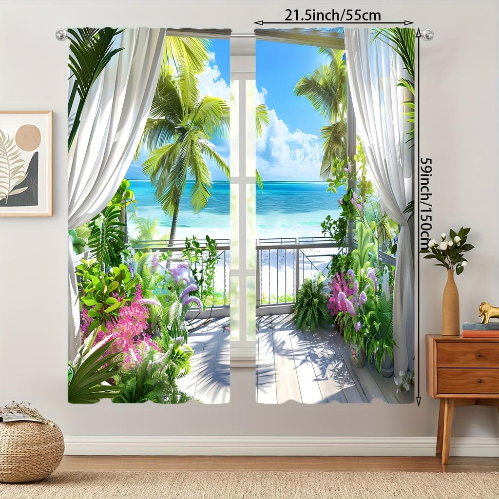 Set Of 2 Modern Tropical Beach Natural Seaside Scenery Curtains Bedroom Study Living Room Balcony Home Decoration Curtain Polyester Perfect For Area