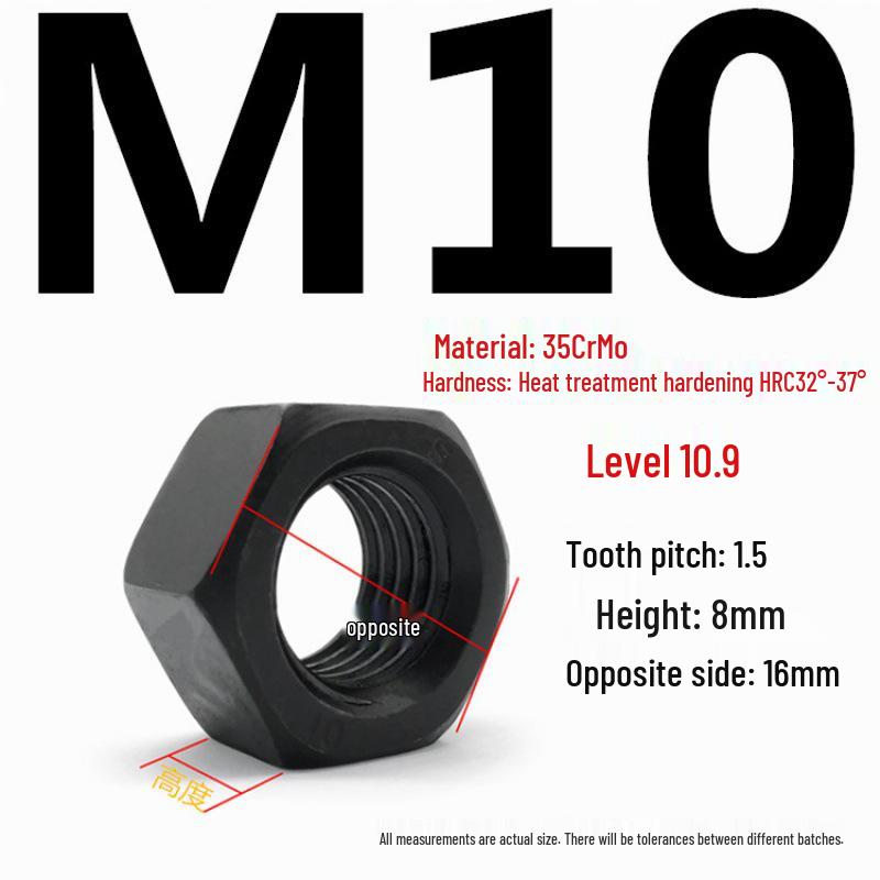 35CrMo High-Strength Hex Nut, Grade 10.9, Blackened, M8-M30