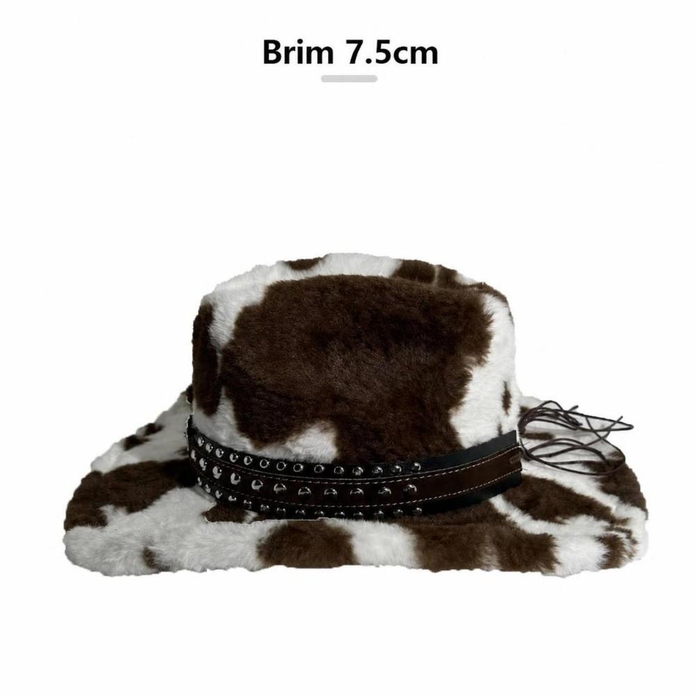 Wide Brim Plush Western Hat Rivet Strap Furry Cowboy Cap Cow Print Cowboy Hat Streetwear Outfit