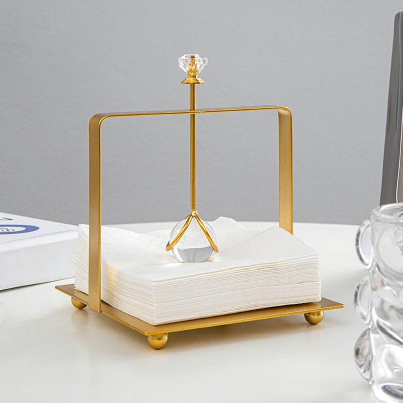 Desktop Tissue Holder Wrought Iron Crystal Ball Tissue Box Ornaments Restaurant Square Base Tissue Organizer for Room