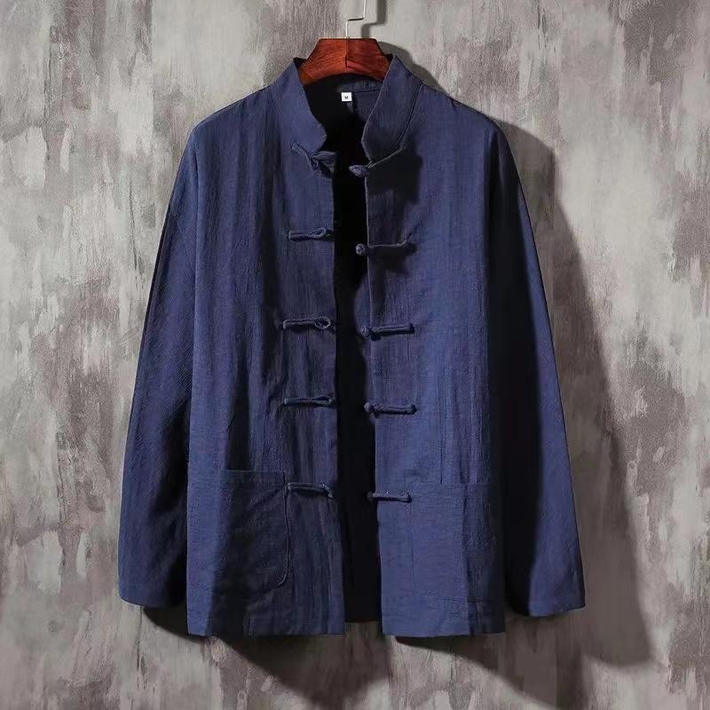 Plus Size Men Cotton Linen Shirt Autumn Spring Men Collarless Long Sleeve Frog Button Loose Blouse Tops Oversized