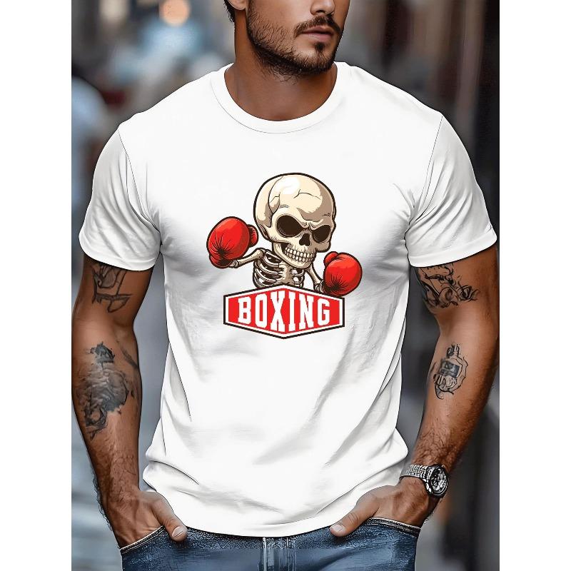 European sizes Men's Casual Black T-Shirt Skeleton Boxing Gloves Print Street Style Summer Adults Men's Fashion