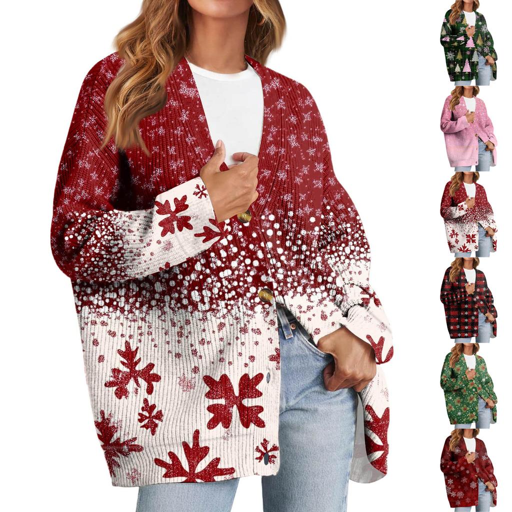 Women's Fashion Long Sleeve Christmas Print V-Neck Button Loose Cardigan Top
