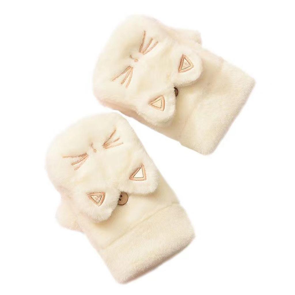 Cute Cat Plush Gloves for Women Korean Style Winter Fingerless Flip-up Style Outdoor Cycling Thickened Windproof Warm Accessory