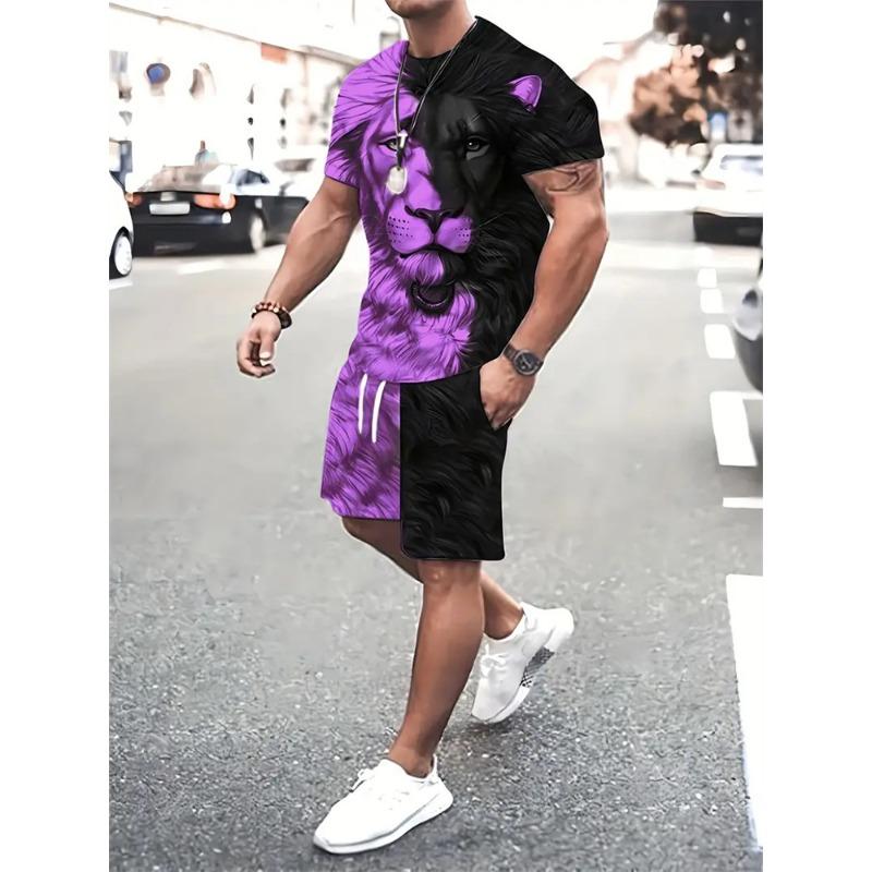 

Летний новый мужской костюм с шортами и рисунком льва, повседневный уличный костюм с футболкой и шортами, спортивный костюм с 3D-цветными блоками и круглым вырезом 6XL