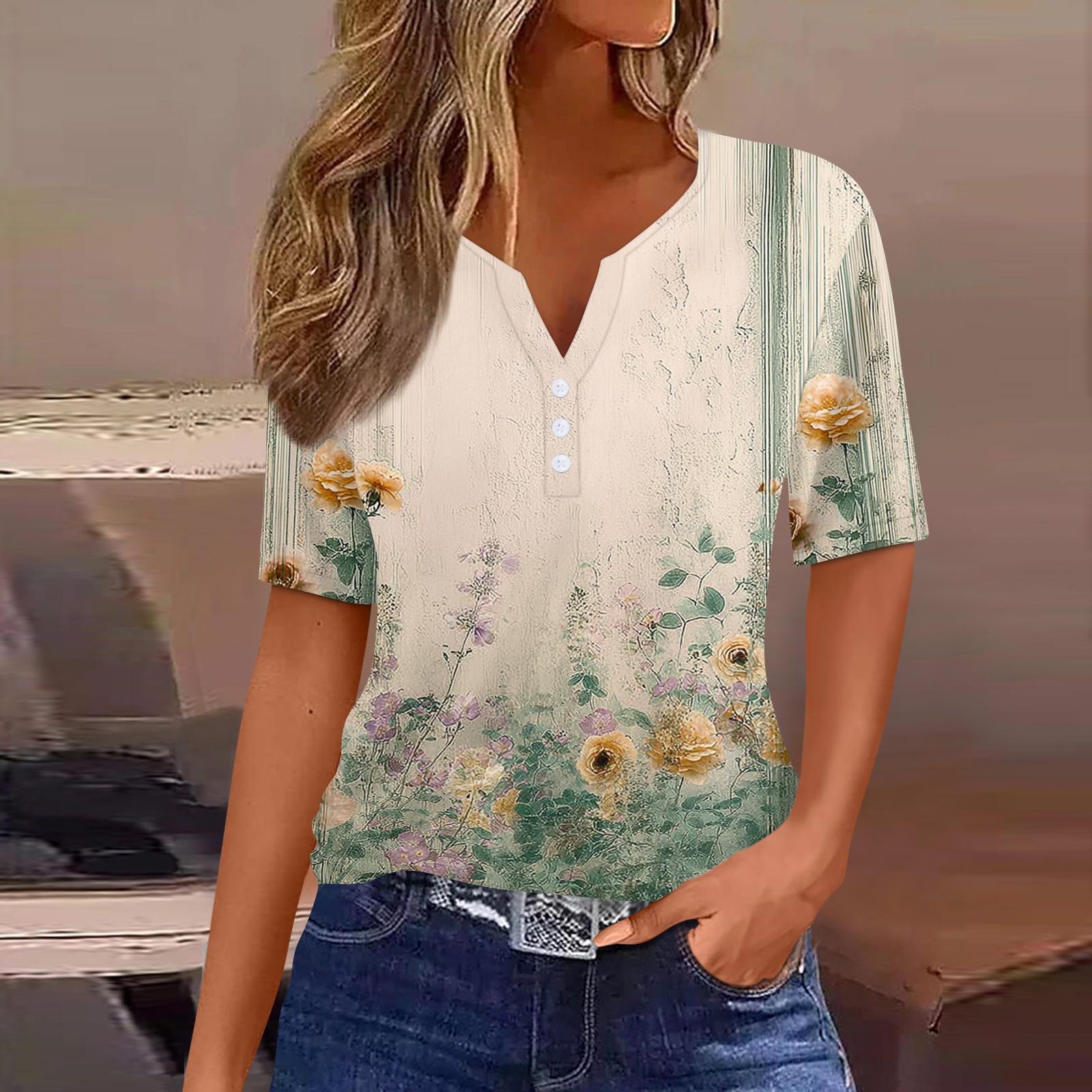 

Women’s Casual V Neck Short Sleeve Top with Button and Floral Print Loose Fit Blouse for Daily Wear S жовтий