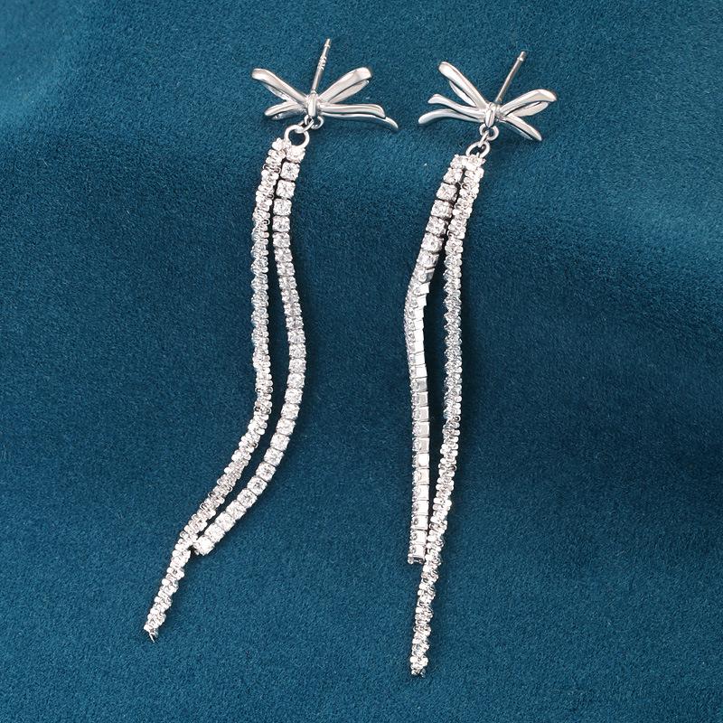 S925 Sterling Silver Bowknot Diamond Inlaid Long Tassel Earrings - Luxurious, Versatile Fashion Accessories for Women 925 Silver