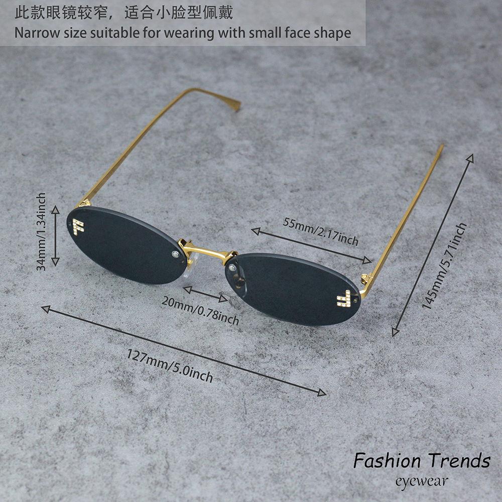 Gafas de Sol sin Montura con Decoración de Diamantes para Mujer Marca de Lujo Montura Metálica Pequeñas Ovaladas Gafas de Sol Unisex Elegantes Gafas de Sol UV400