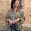 European and American Women's Loose Puff Sleeve Bomber Jacket with Turn-Down Collar