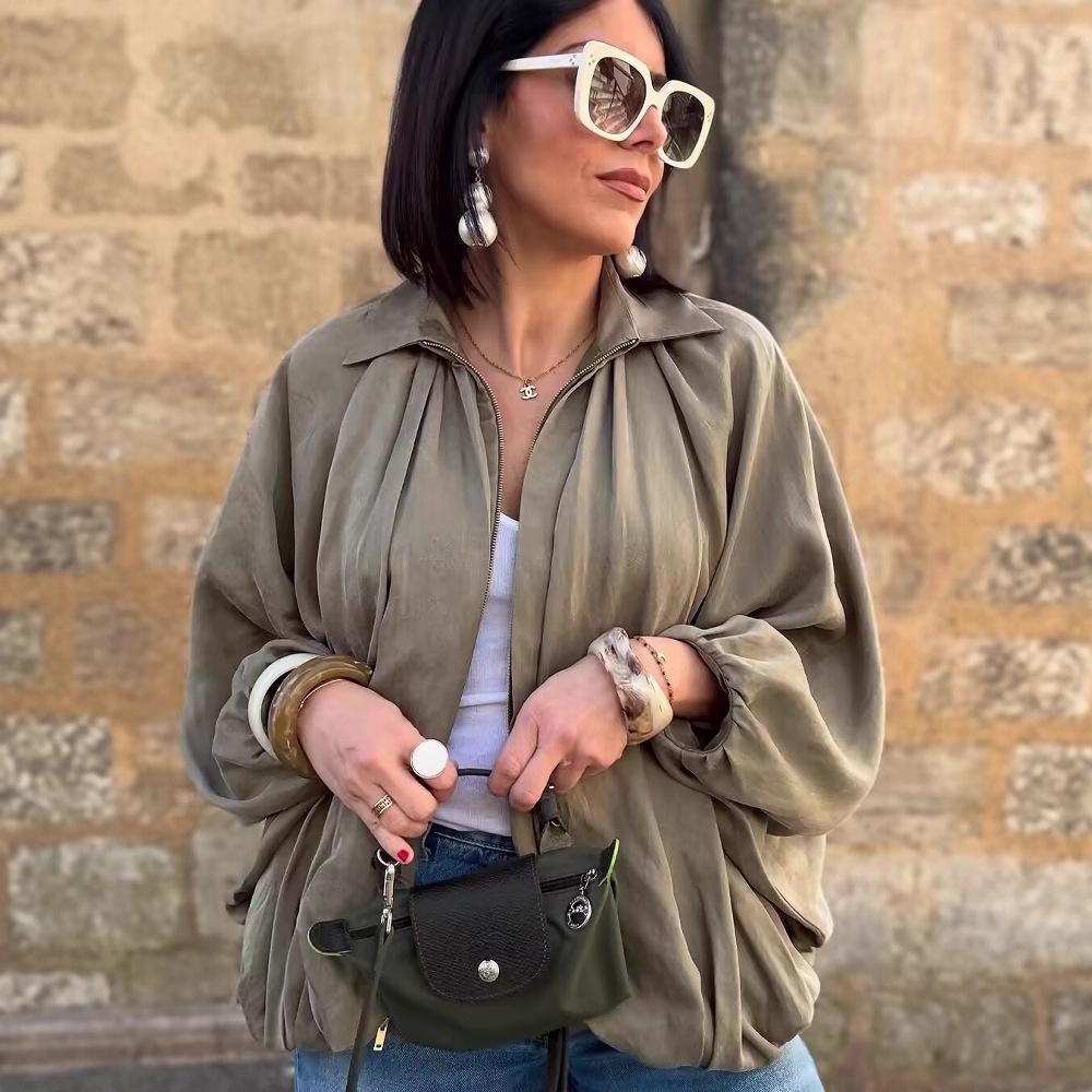 European and American Women's Loose Puff Sleeve Bomber Jacket with Turn-Down Collar