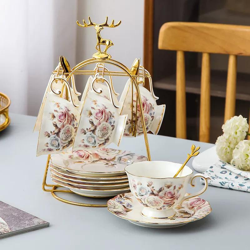 Vintage Floral Bone China Coffee Tea Set, Retro Rose Ceramic Teapot Cup Saucer, Elegant British Style Tableware for Afternoon Tea