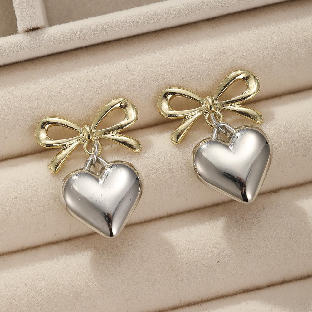 Elegant French Style Heart Pendant Earrings For Women With Alloy Bowknot Design