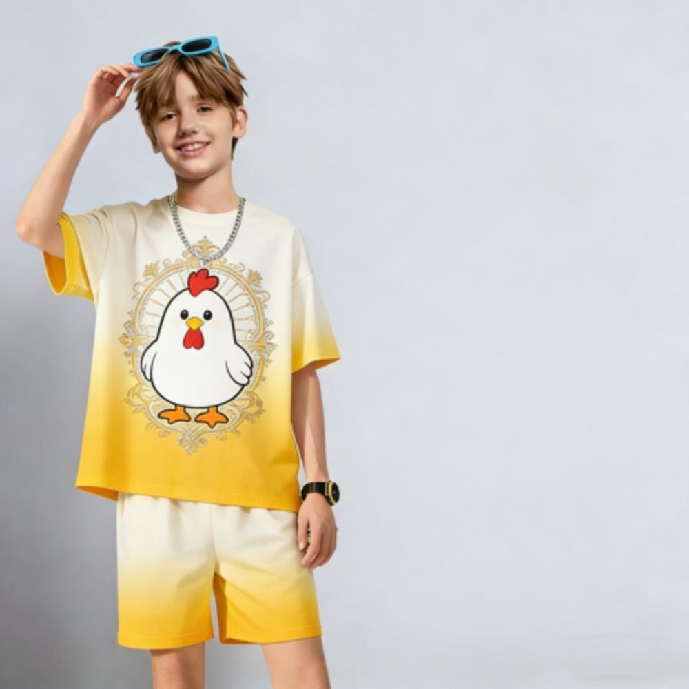 Summer Men s Set Fashion Cartoon Chicken Printed Men s T-shirt and Shorts 2 Piece Set Summer Casual Outdoor Men s and Women s Outfit XXS
