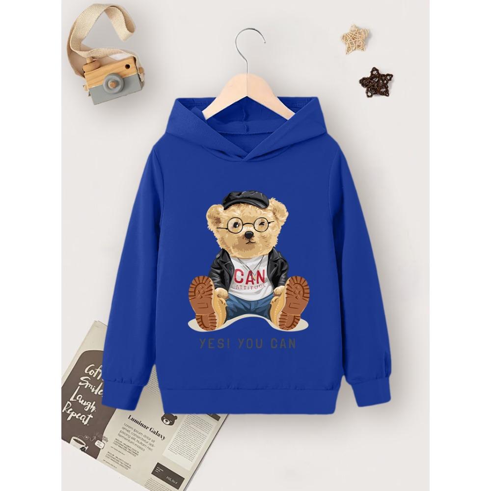 

Single Casual And Simple Children s Autumn And Winter Blue Hoodie, Bear Cartoon Printed Hoodie 110