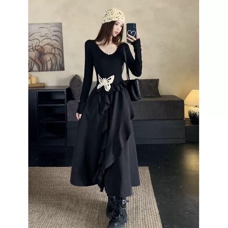 Large size fashion women's clothing fat mm design sense irregular butterfly temperament long dress waist thin ruffle edge dress