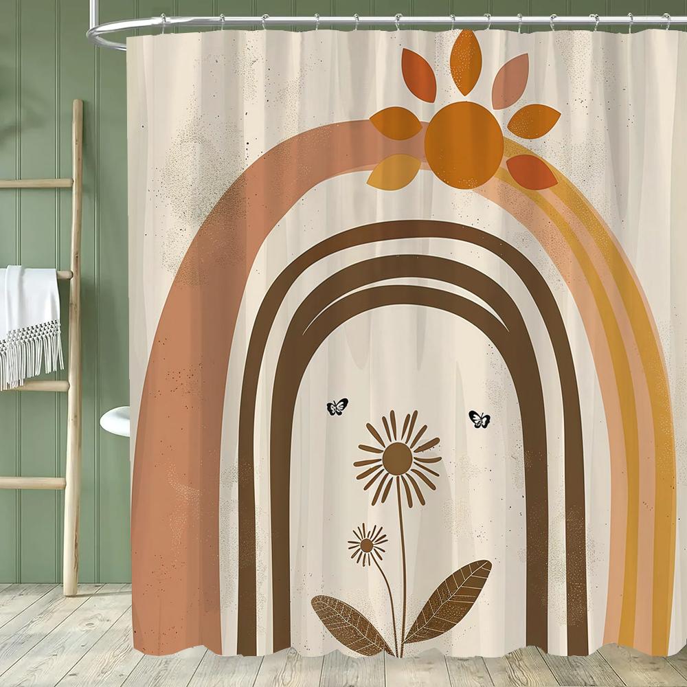 Boho Abstrakt Cartoon Regenbogen Muster Duschvorhang, Moderner Minimalistischer Badezimmer Vorhang, Heimdeko Vorhang Mit Haken