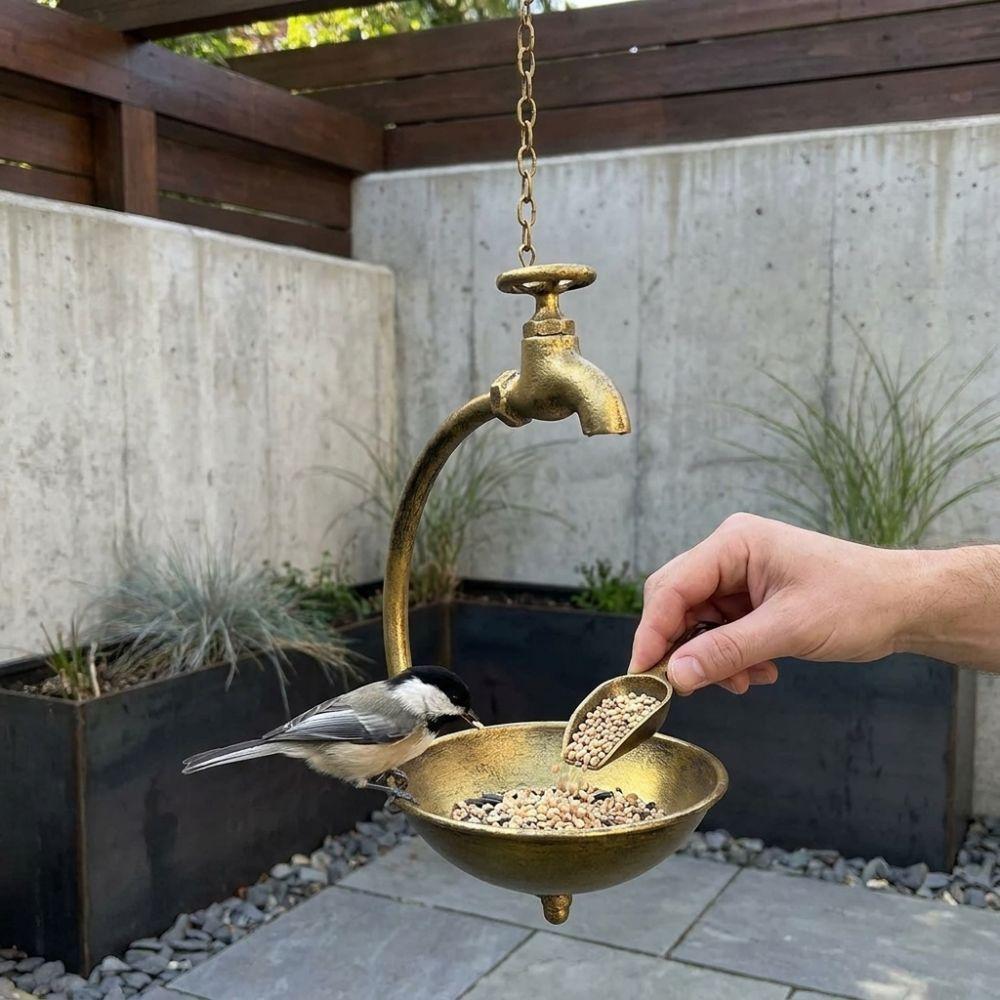 Faucet Design Metal Bird Bath Handcrafted Iron Bird Feeding Bowl Hanging Bird Feeder  Backyard Use
