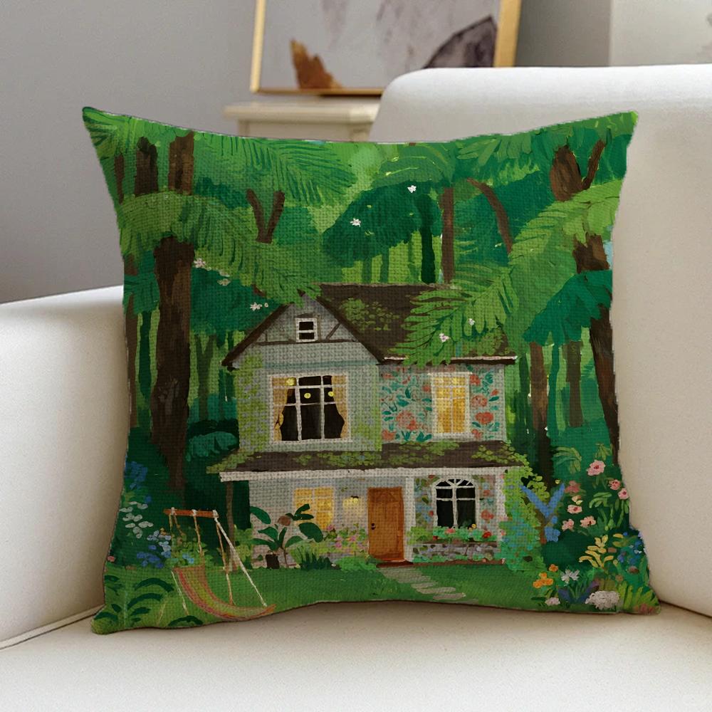 M-Cabin In The Woods Cushion Cover Natural Linen Pillowcase Set, All-In-One Decor For Sofa, Bedroom & Chair
