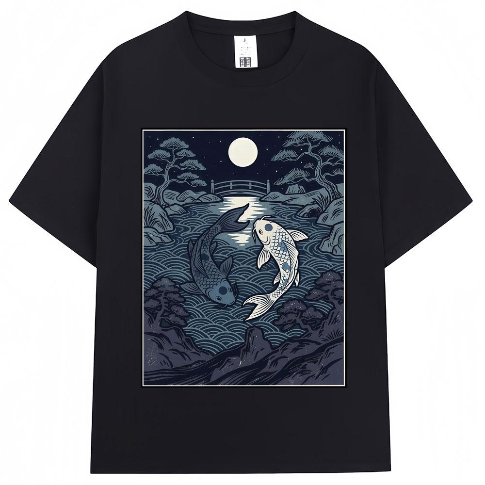 Japanese Style Yin Tang Koi Fish Moonrise Graphic T Shirt   Fashion Vintage T-shirts Oversized Cotton Casual Y2k T-shirt