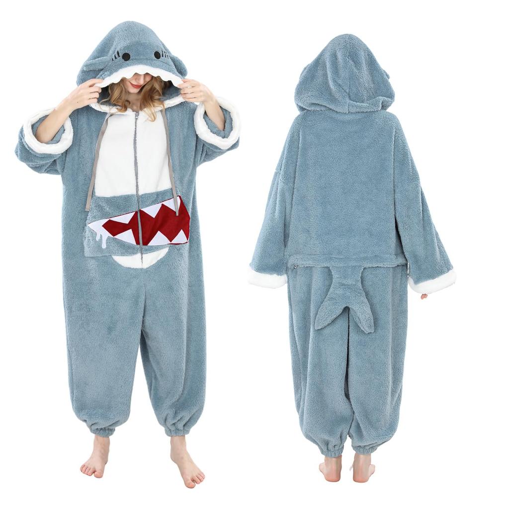 [Excellent Product] Unisex Shark Kigurumi Pajama Set, Fleece Material, Warm Loungewear, Includes 2 Pairs of Socks, Perfect for Winter (Shark, Size L)