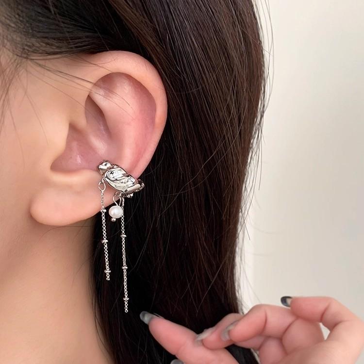 Fashion Imitation Pearl C-Shaped Non-Piercing Cuff Ear Clip Earring for Women Simple Long Tassel Fake Cartilage Piercing Jewelry
