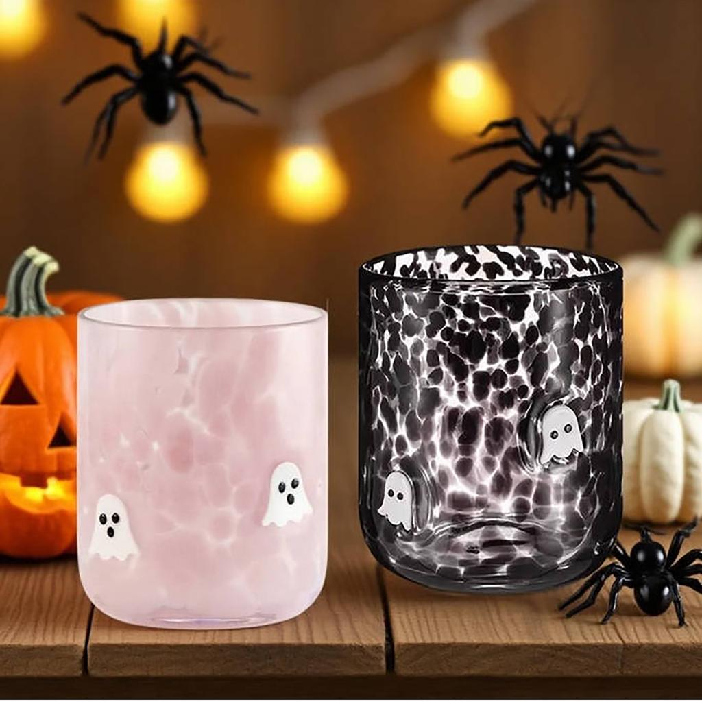 2 Pcs 14 Oz Halloween  Glass Cups Juice Glass Old Fashioned Hand Blown Drinking Cups Cute Spooky Drinkware Gift Set For Halloween Party Dec