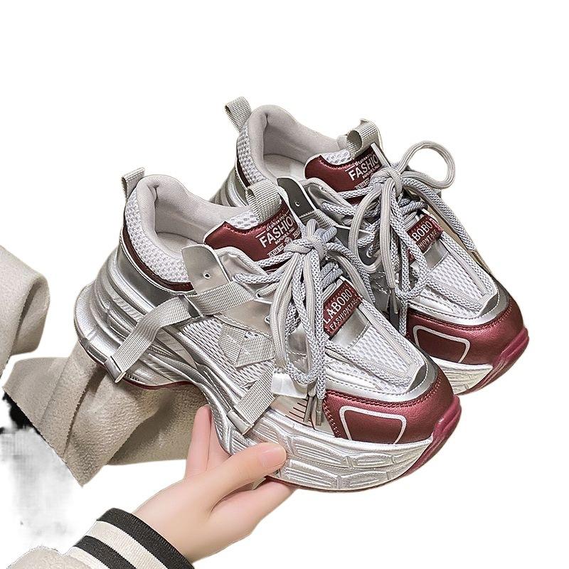 Large size dad shoes women 2025 silver new autumn mesh versatile thick sole breathable height increase casual sports shoes 42