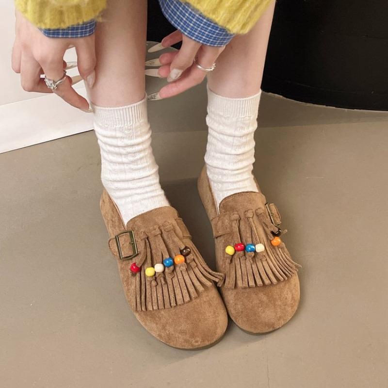 Fashion 2025 Spring and Autumn New Women's Shoes Thin Fashion Beaded Tassel Casual Shoes Soft Bottom Flat Casual Shoes