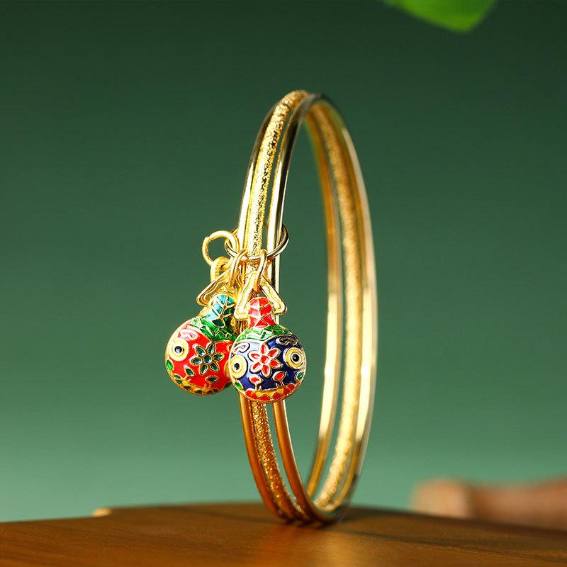 Original National Trend Style Blue Enamel Gold-Plated Bangle with Lapis Lazuli and Swallowing Gold Beast Motif.