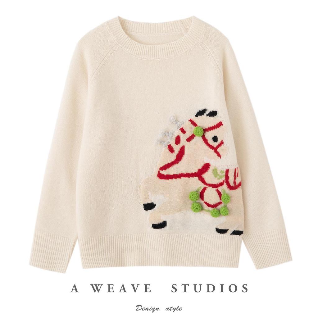 Women's Pure Wool Round Neck Knit Sweater with Handmade Embroidery - Autumn/Winter Loose Fit Cashmere Top