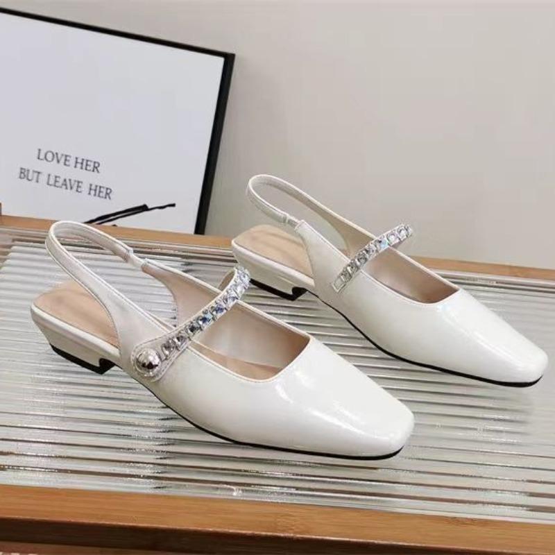 Square Toe Comfort Shoes for Women 2025 Summer Buckle Strap Block Heels Rhinestone Sandals Suit Female Beige Low Chunky Spring