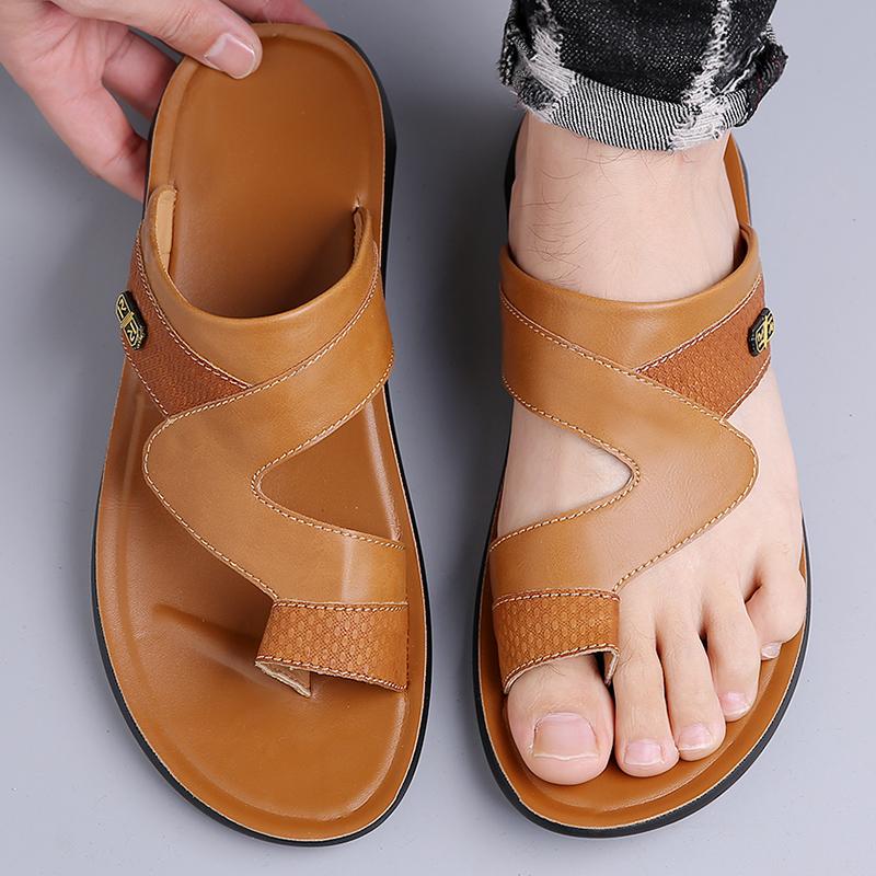 Tongs pour Hommes Pantoufles en Cuir Noir Chaussures Plates Simples Été Blanc Extérieur Marron Bout Ouvert Chaussures de Plage Grande Taille