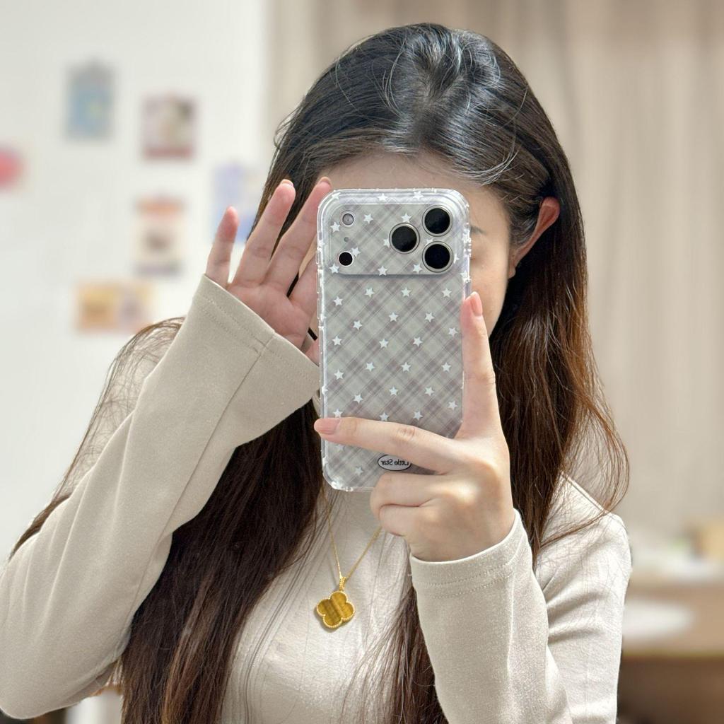 Simple Korean Style Diamond Grid Star Phone Case for Apple iPhone 17 Pro Max, 16PM, 15, and 14 - Perfect for Couples