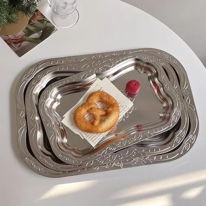 1PCS Stainless Steel Rectangular Tray with Embossed Design for Kitchen Living Room Storage Durable Fruit Snack Cake Serving Dish