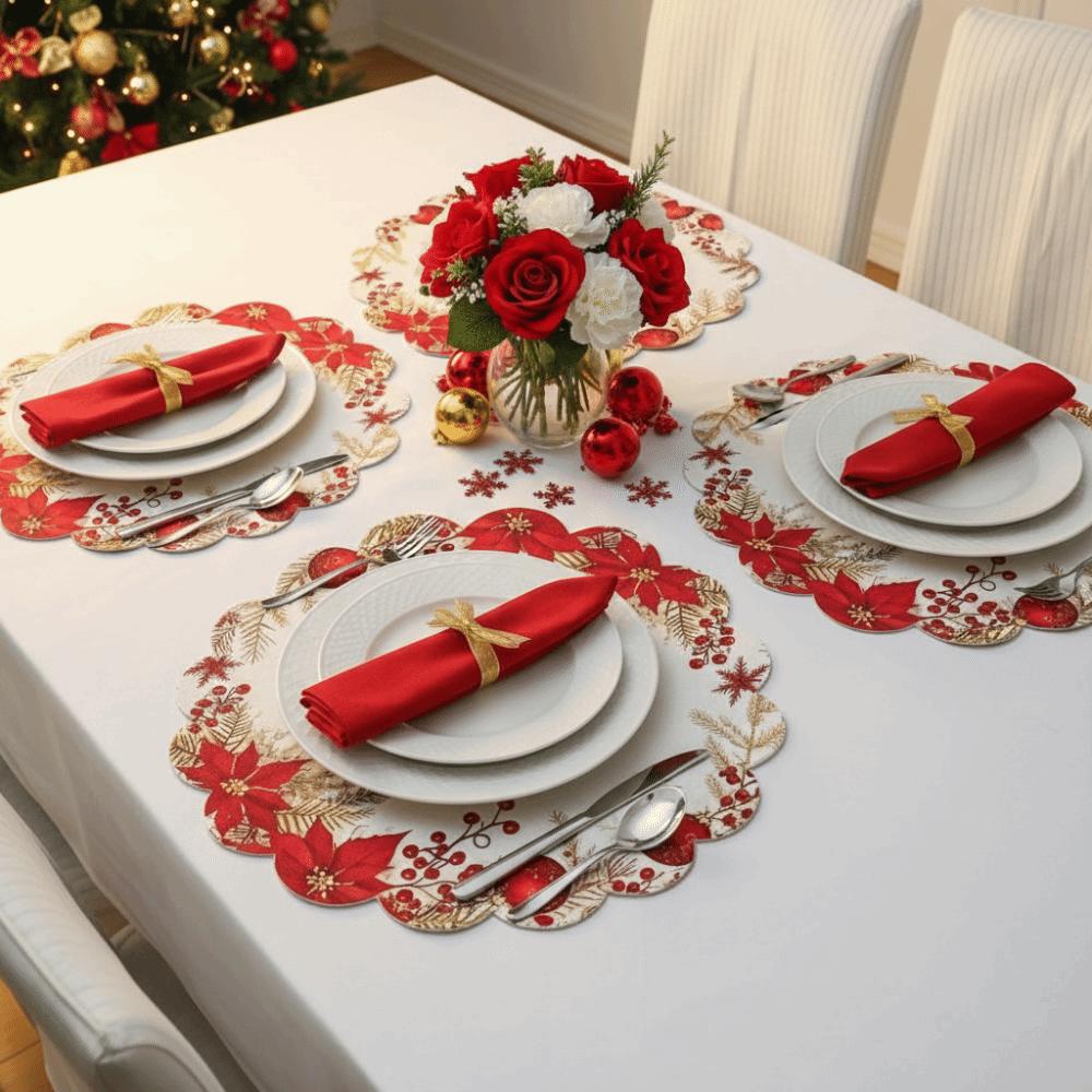 6pcs Easy Clean Red Berry Mat Non Slip Holiday Dinner Mat Christmas Table Placemat  Holiday Feast